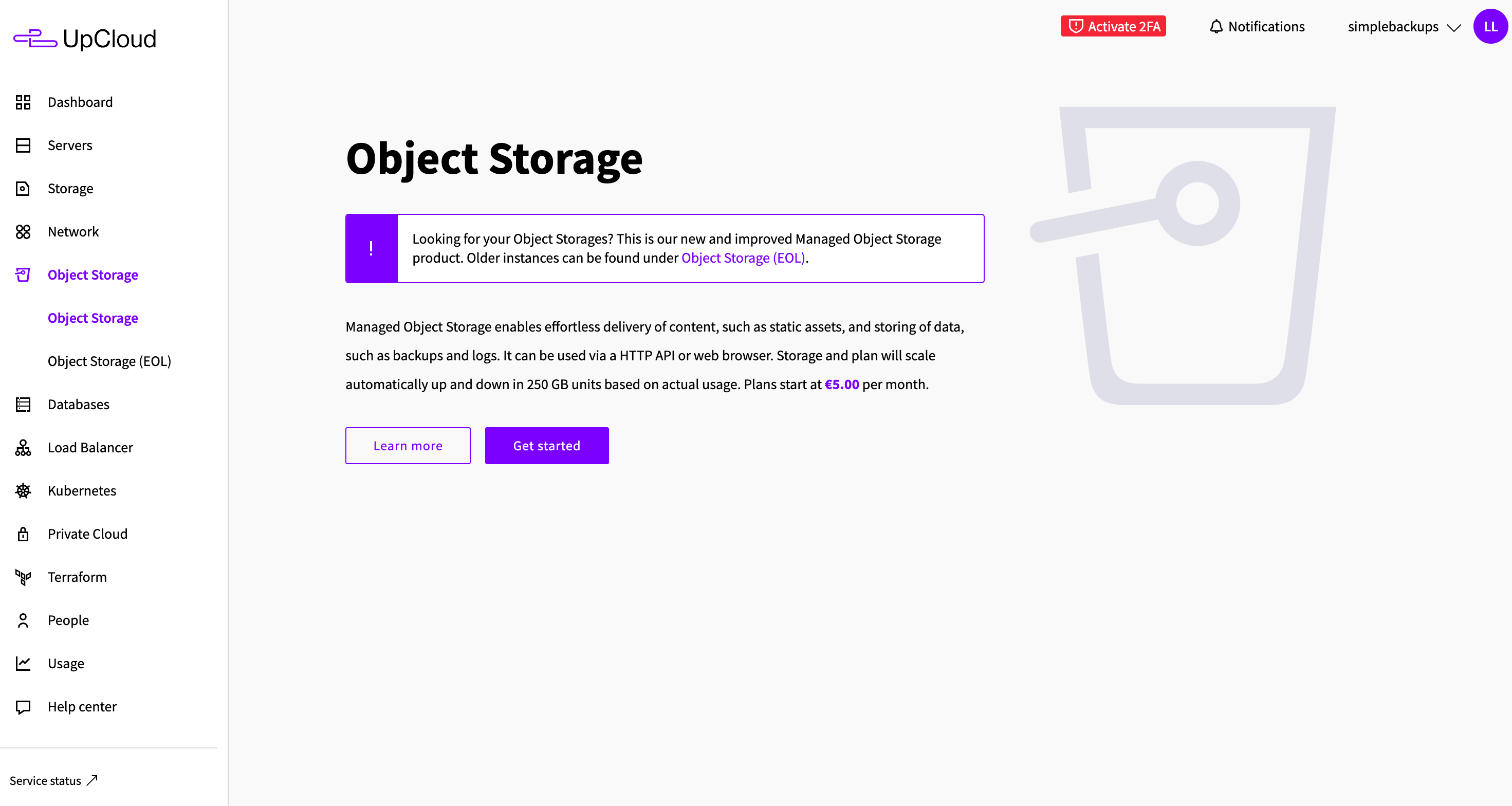 UpCloud object storage creation form