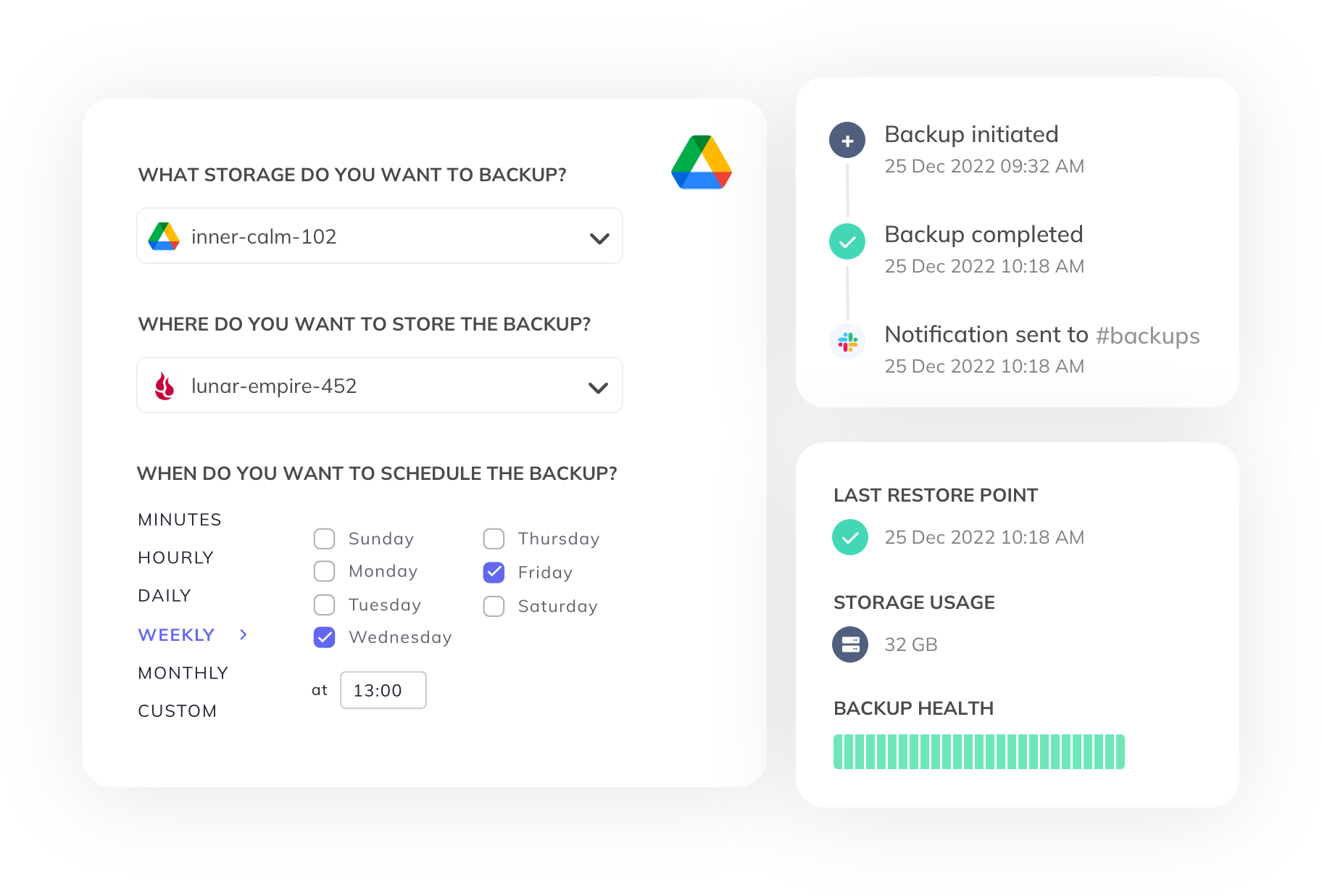 SimpleBackups Google Drive backup dashboard: all your backups in one place